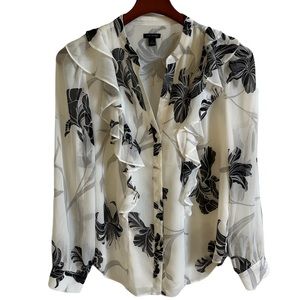 Chiffon Sheer ruffle floral print blouse NWOT